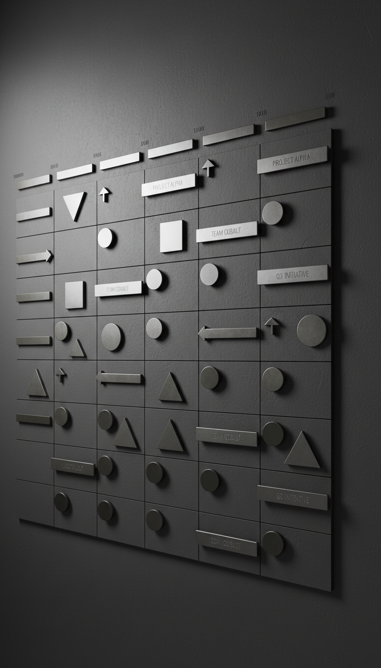 An elegantly organized resource planning board displayed on a wall of matte slate, featuring seamless magnetic panels and precisely aligned, custom metallic tokens and markers in gunmetal and silver. The lighting is a focused, overhead LED wash that ensures each element casts a gentle, uniform shadow, enhancing the clean geometry of the planning grid. The mood is purposeful, strategic, and calm, with visual cues of professionalism and diligence. Captured from a slightly elevated angle and using a sharp, deep focus, the image aligns with the minimalistic and modern style essential for contemporary business platforms.