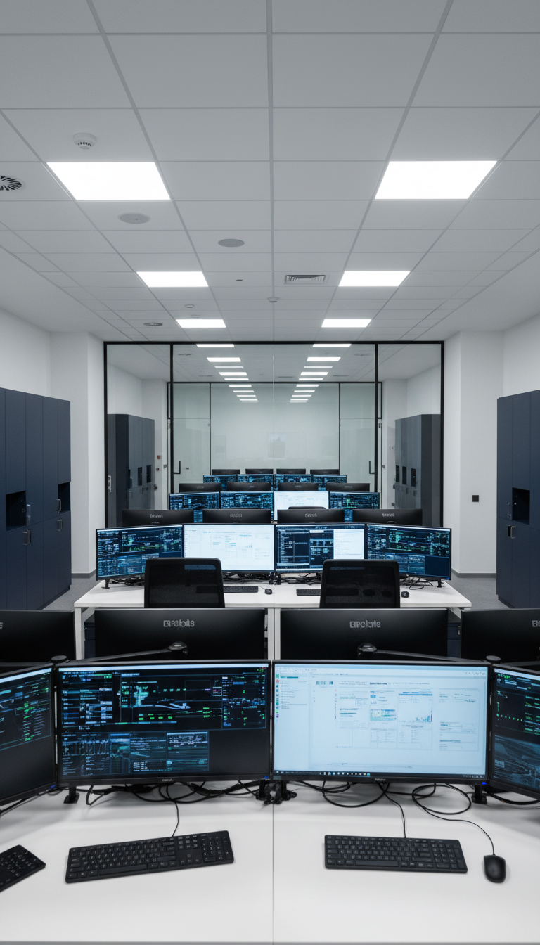 A meticulously organized operations command center with an array of matte black and brushed metal computer workstations aligned on long, minimalist desks. The structured workspace is accented with subtle navy and charcoal gray storage cabinets, and glass partitions divide zones. Soft, cool LED downlights create even, balanced illumination with a hint of reflection on monitor screens, casting gentle shadows that enhance the geometric order of the room. Seen from a front-facing, eye-level perspective for balanced composition, the depth-of-field keeps every element sharply in focus, emphasizing precision and discipline. The clean, photographic style supports the structured, professional shared-services narrative.